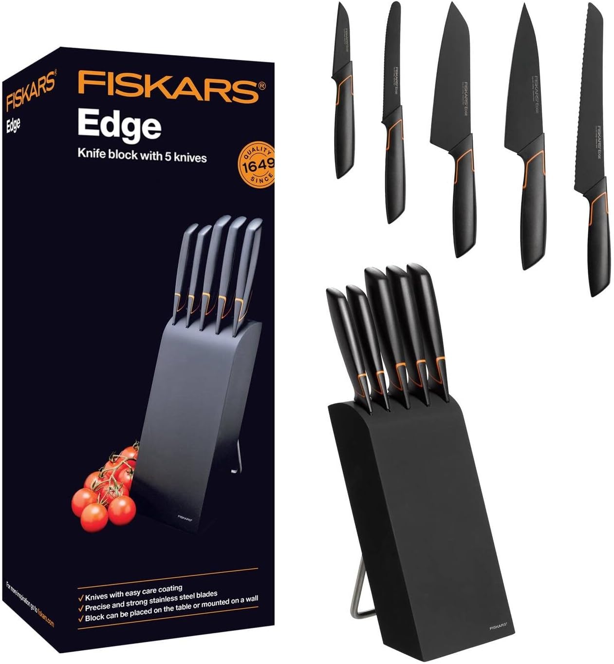FISKARS ZESTAW KOMPLET 5 NOŻY NOŻE KEUCHENNE OSTRE W DREWNIANYM BLOKU EDGE
