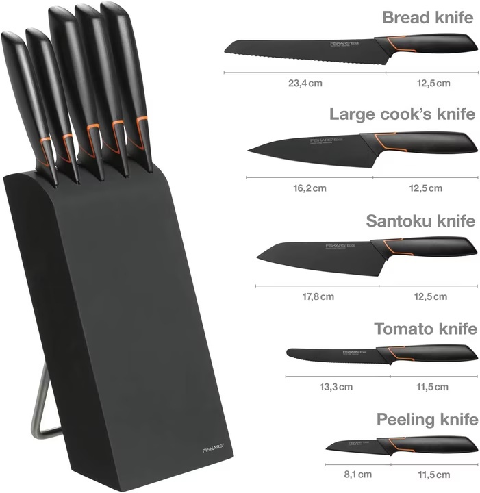 Limitovaná edícia: 5-dielna sada nožov FISKARS® v bloku FISKARS EDGE BLOCK, ostrý kuchynský nôž + sada na brúsenie