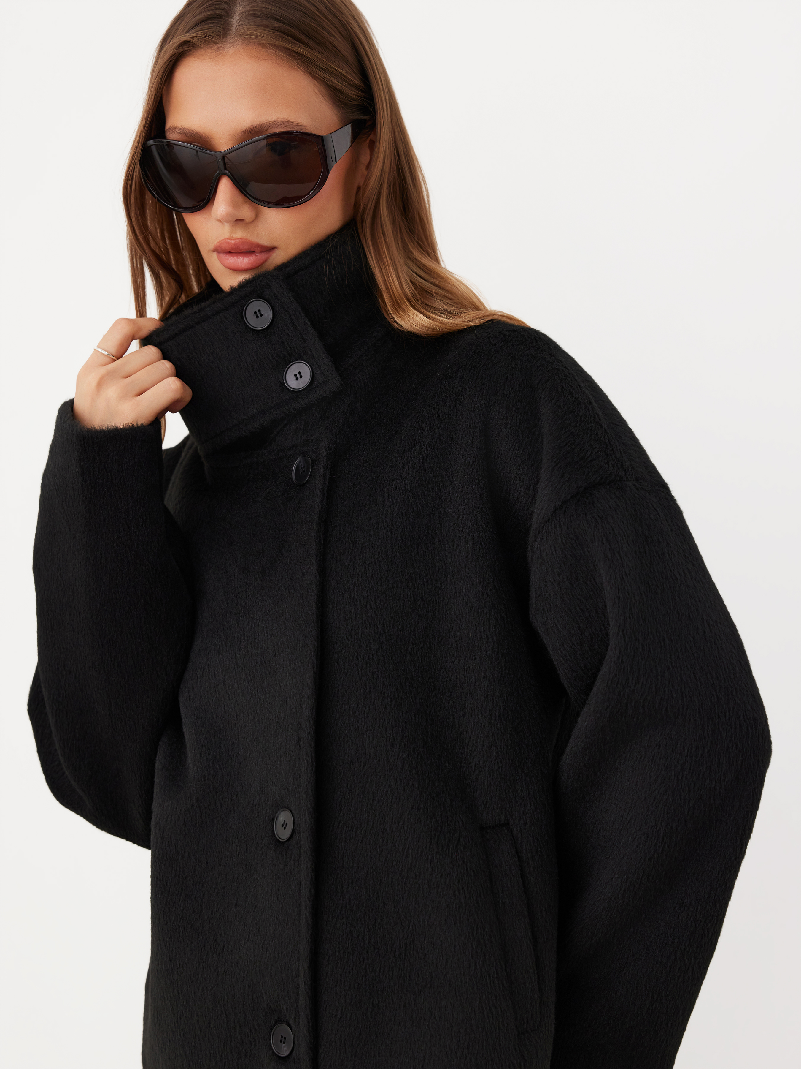 Wool-look Funnel Neck Long Sleeve Oversized Jacket