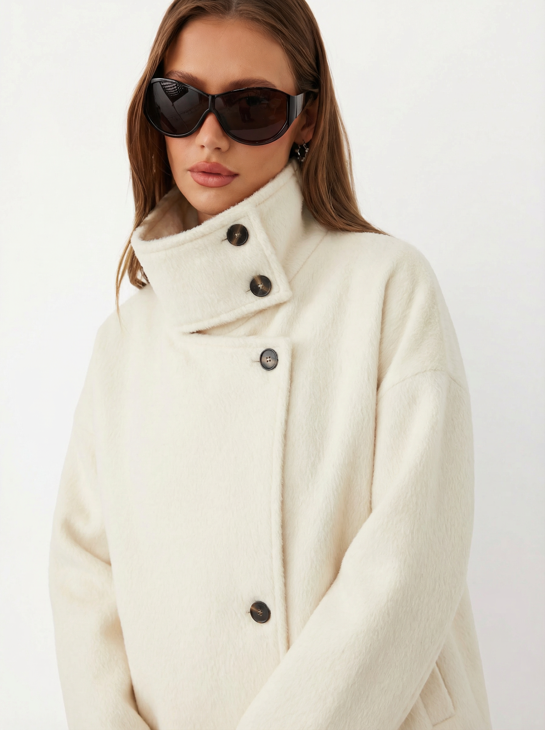 Wool-look Funnel Neck Long Sleeve Oversized Jacket