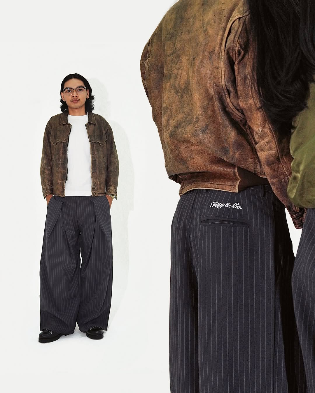 Striped double pleated trousers