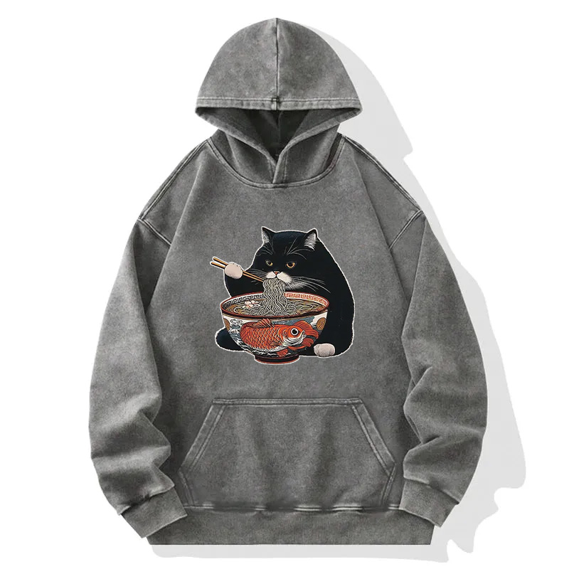 Fat Cat Eating Ramen Washed Hoodie