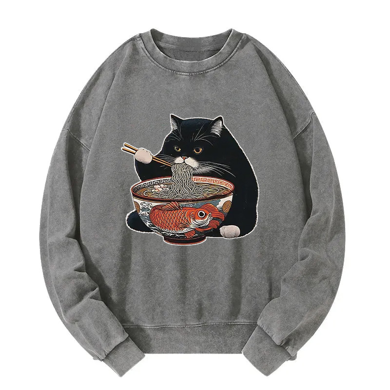 Fat Cat Eating Ramen Washed Sweatshirt