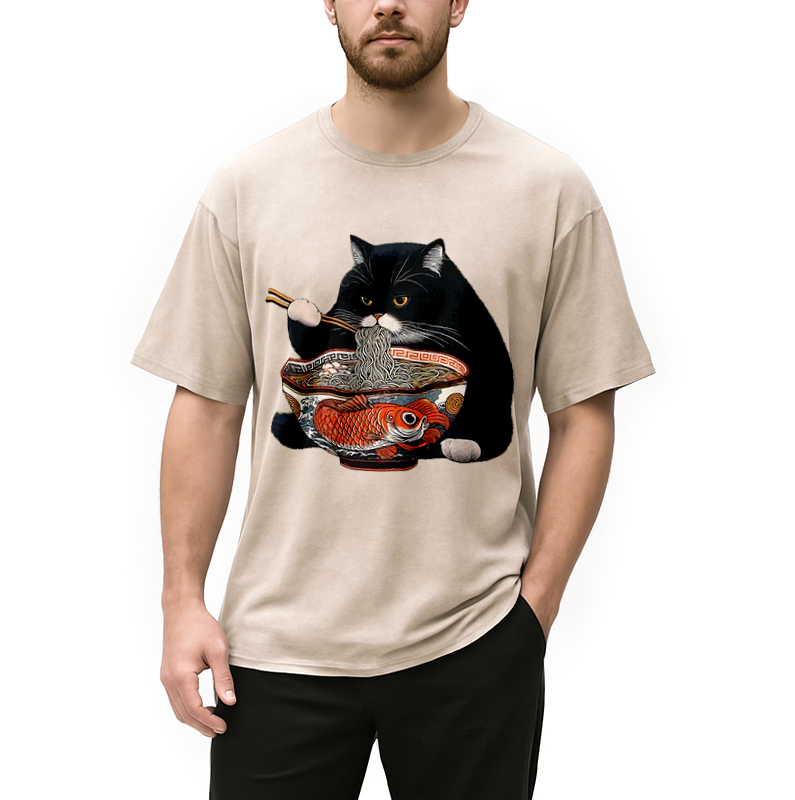 Fat Cat Eating Ramen Washed T-Shirt