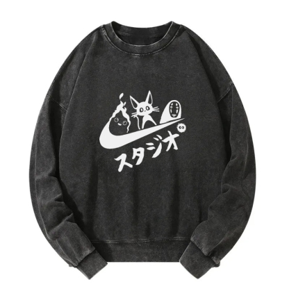 Black Cat Ghibli Vintage Washed Sweatshirt