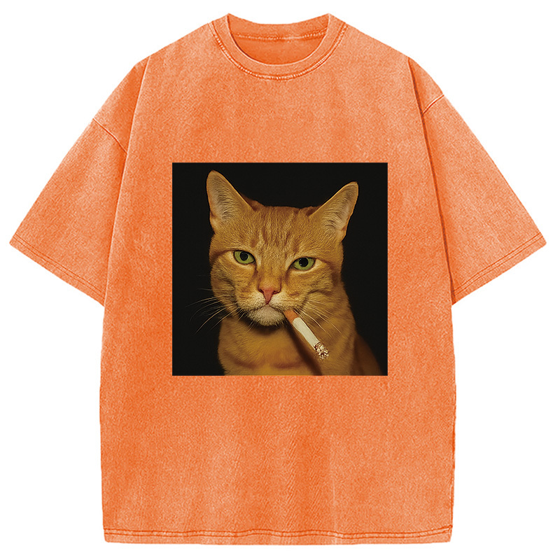 Funny Orange Cat Smoking Meme Washed T-Shirt