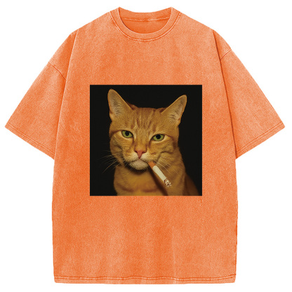 Funny Orange Cat Smoking Meme Washed T-Shirt
