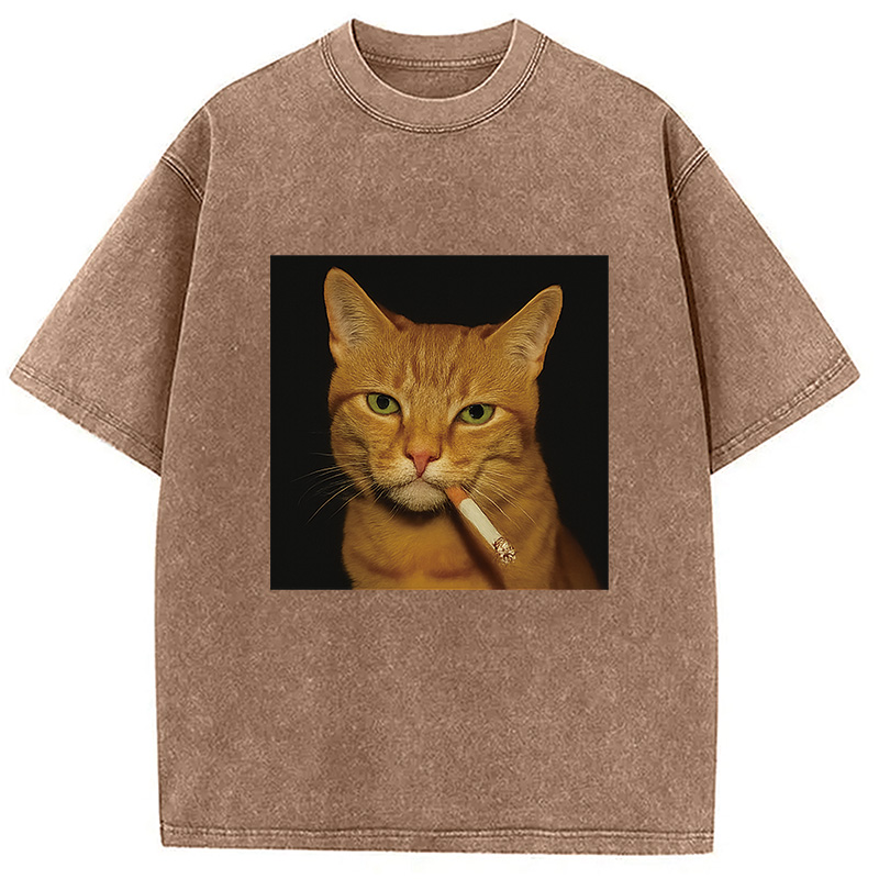 Funny Orange Cat Smoking Meme Washed T-Shirt