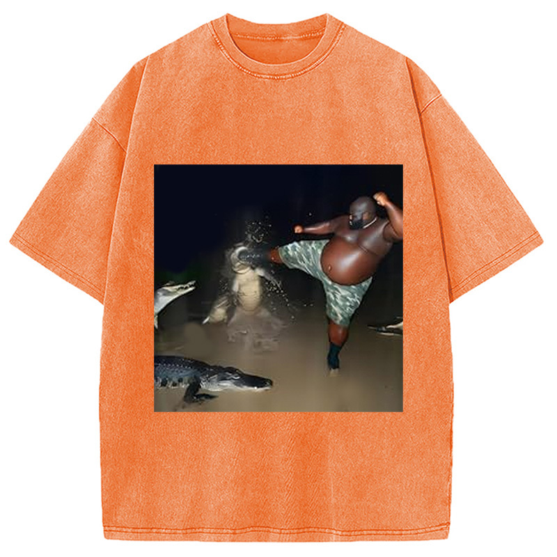 Man Kick Alligator In Swamp Funny Washed T-Shirt