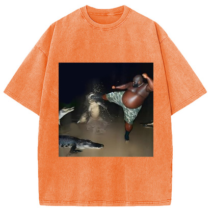 Man Kick Alligator In Swamp Funny Washed T-Shirt