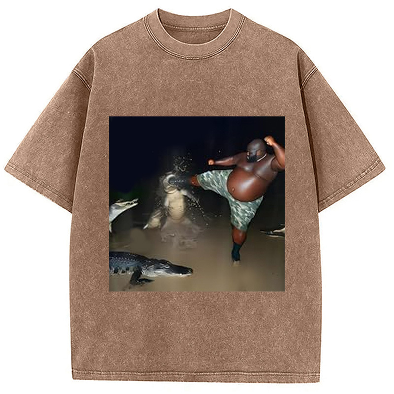 Man Kick Alligator In Swamp Funny Washed T-Shirt