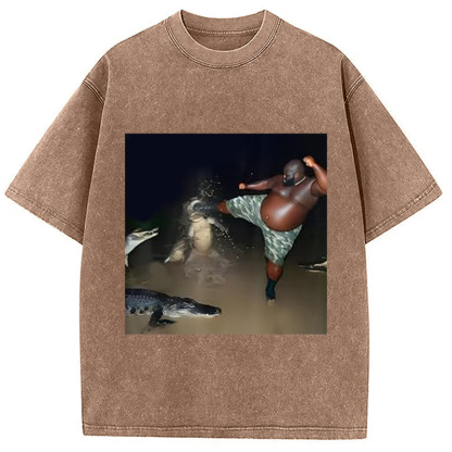 Man Kick Alligator In Swamp Funny Washed T-Shirt