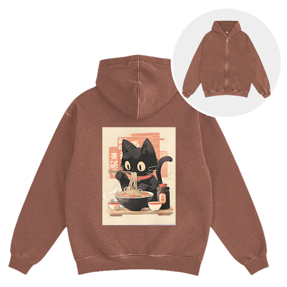 Ramen Black Cat Washed Zip Hoodie