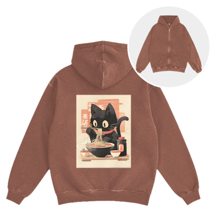Ramen Black Cat Washed Zip Hoodie