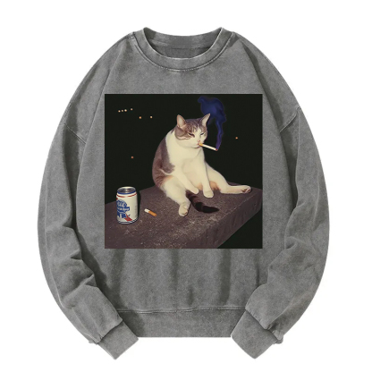 Cigarette Kitten Funny Smoking Cat Meme Washed Sweatshirt