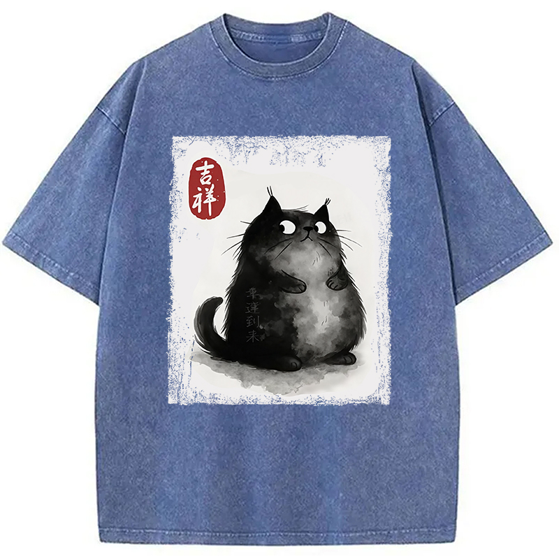 Auspicious Fluffy Black Cat Washed T-Shirt