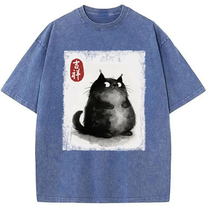 Auspicious Fluffy Black Cat Washed T-Shirt