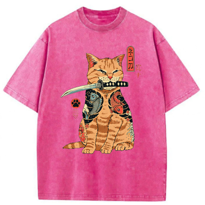Tokyoviva Samurai Cat Washed T-shirt