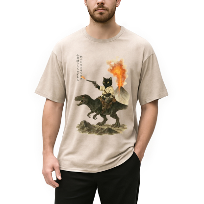 Cat Riding A Dinosaur Washed T-Shirt