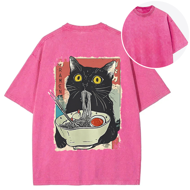 Cute Cat Eating Ramen Back Washed T-Shirt