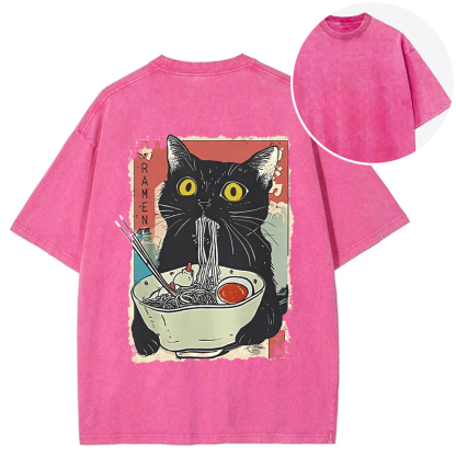 Cute Cat Eating Ramen Back Washed T-Shirt