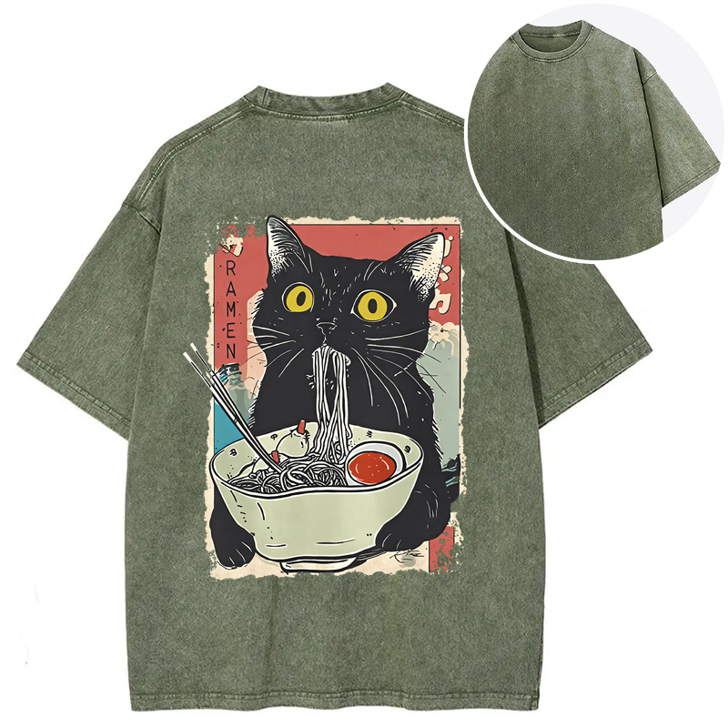Cute Cat Eating Ramen Back Washed T-Shirt