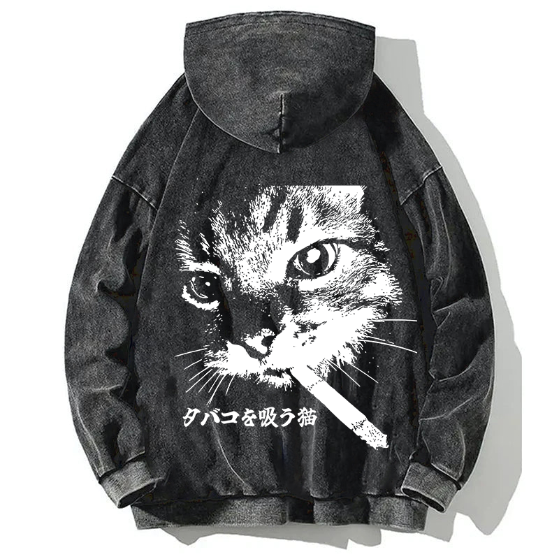 Retro Cat Smoking Back Washed Hoodie