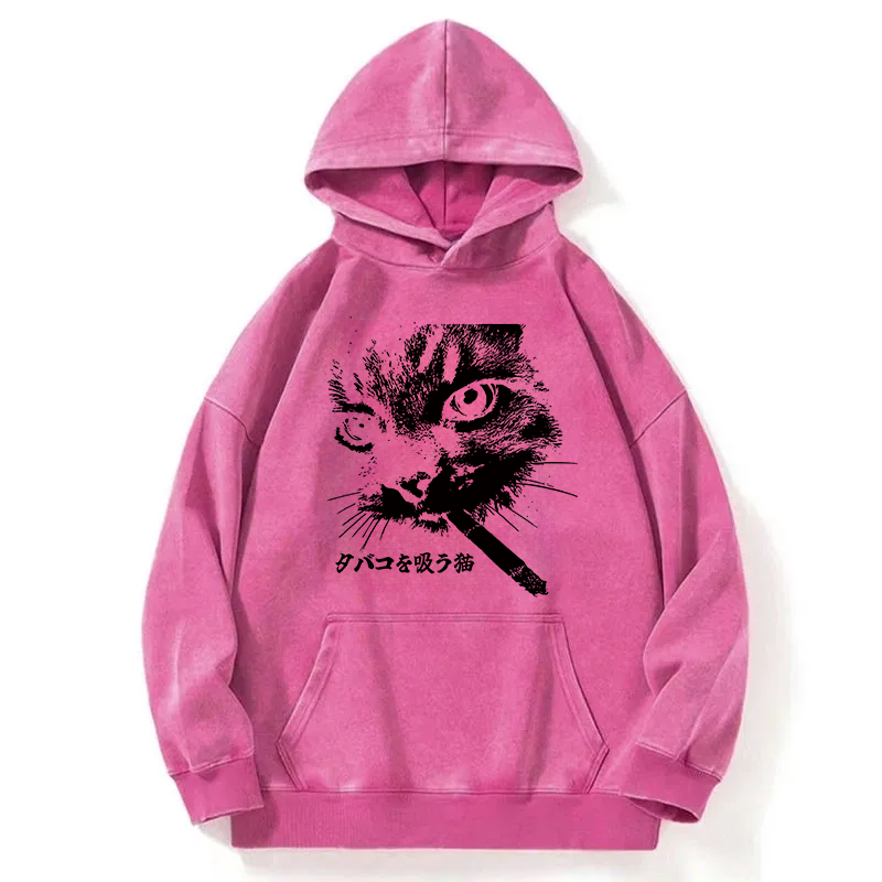 Retro Cat Smoking Washed Hoodie