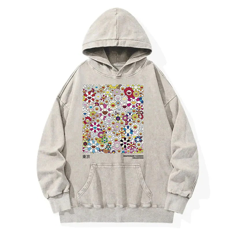 Colorful Flowers Japanese Art Washed Hoodie