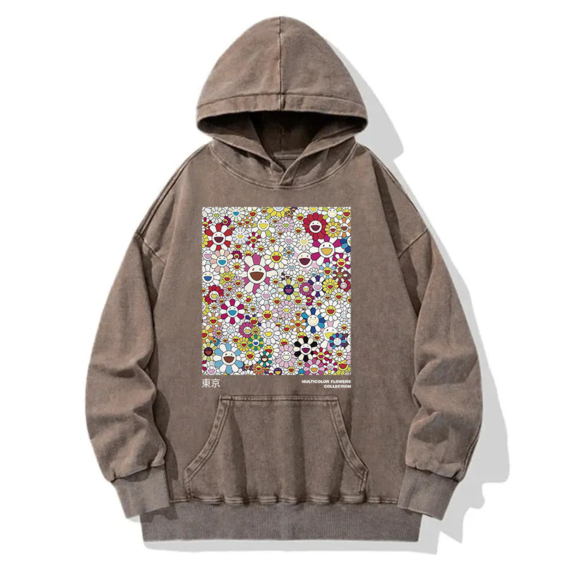 Colorful Flowers Japanese Art Washed Hoodie
