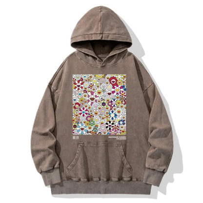 Colorful Flowers Japanese Art Washed Hoodie