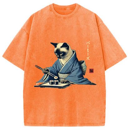 Cat In Kimono Eating Sushi Washed T-Shirt