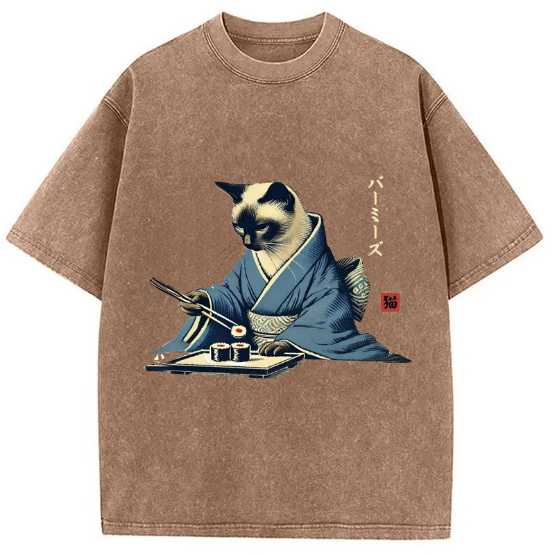 Cat In Kimono Eating Sushi Washed T-Shirt