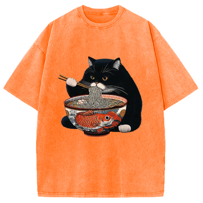 Fat Cat Eating Ramen Washed T-Shirt