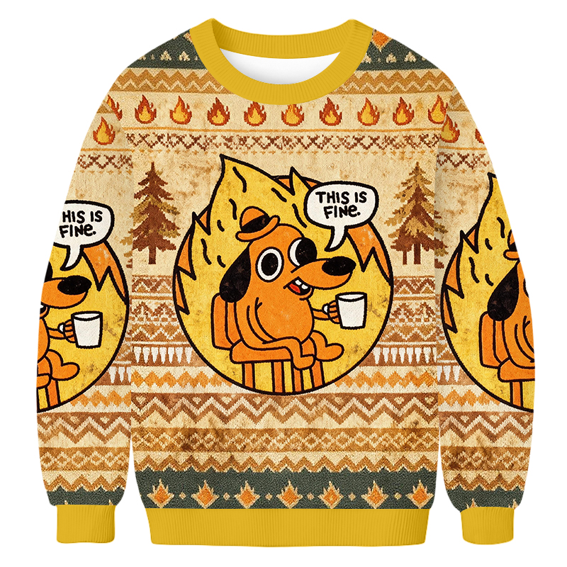 Baddiecat This Is Fine Dog On Fire Christmas Ugly Sweatshirt