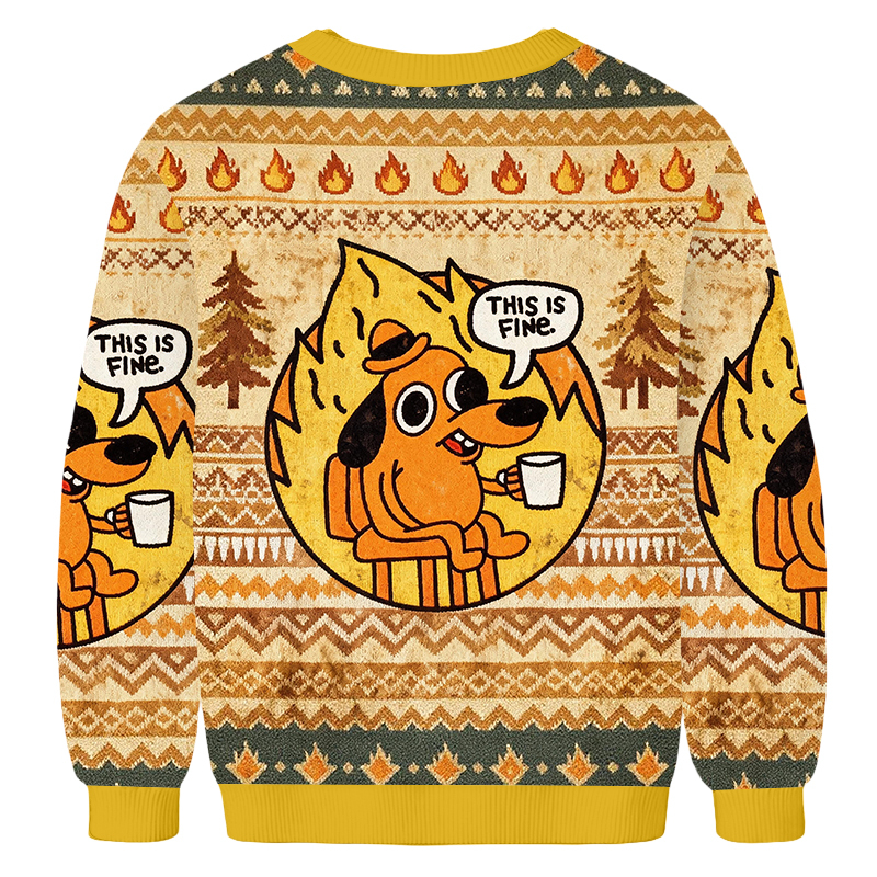 Baddiecat This Is Fine Dog On Fire Christmas Ugly Sweatshirt