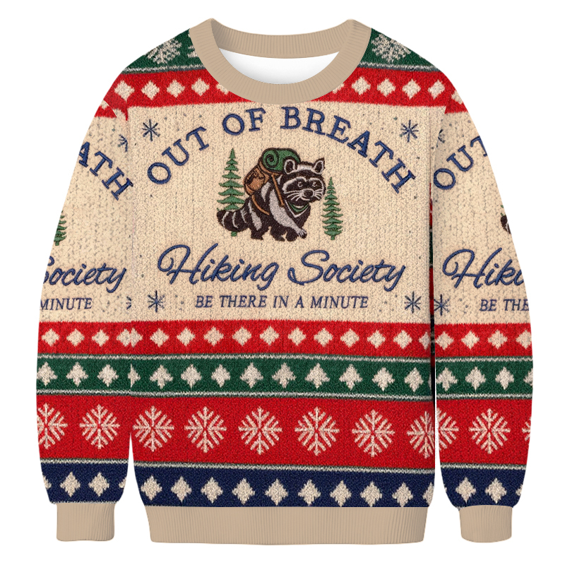 Tokyoviva Out Of Breath Funny Raccoon Hiking Christmas Ugly Sweatshirt