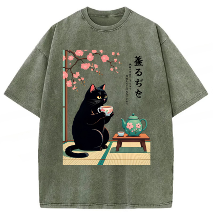 Tokyoviva Black Cat Tea Washed T-shirt