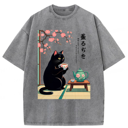 Tokyoviva Black Cat Tea Washed T-shirt