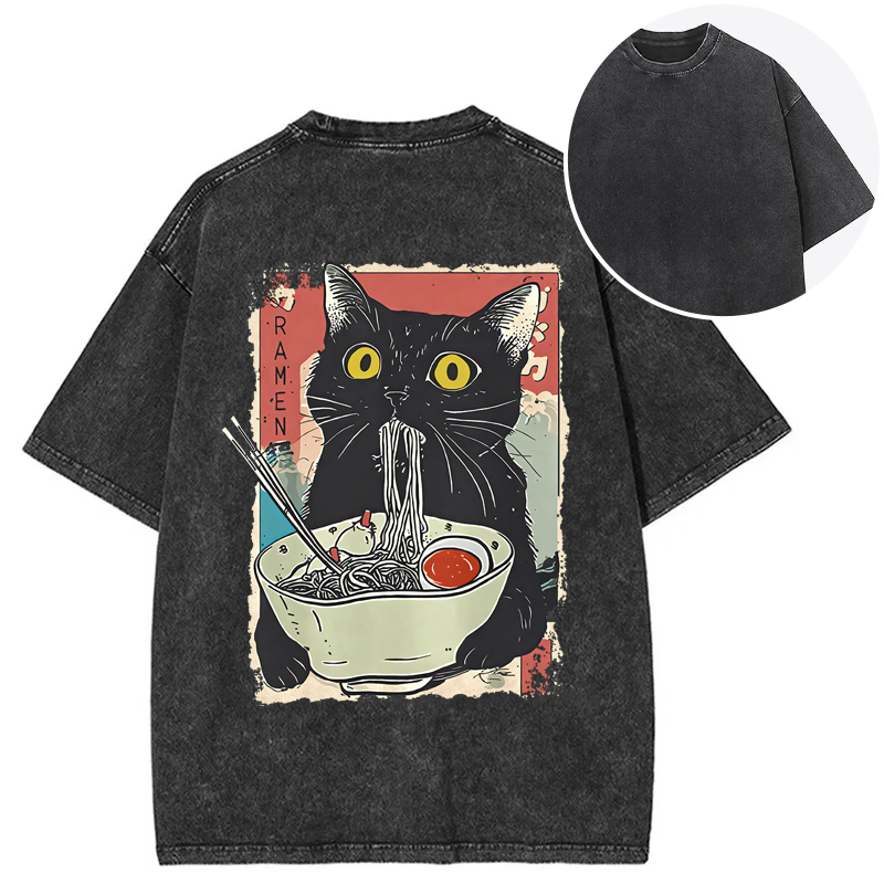 Cute Cat Eating Ramen Back Washed T-Shirt