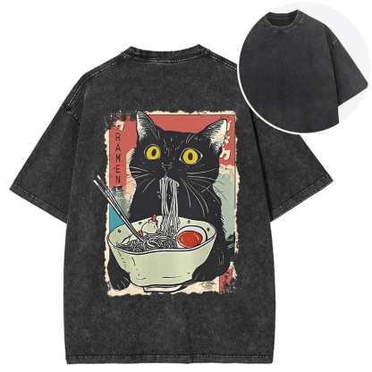 Cute Cat Eating Ramen Back Washed T-Shirt