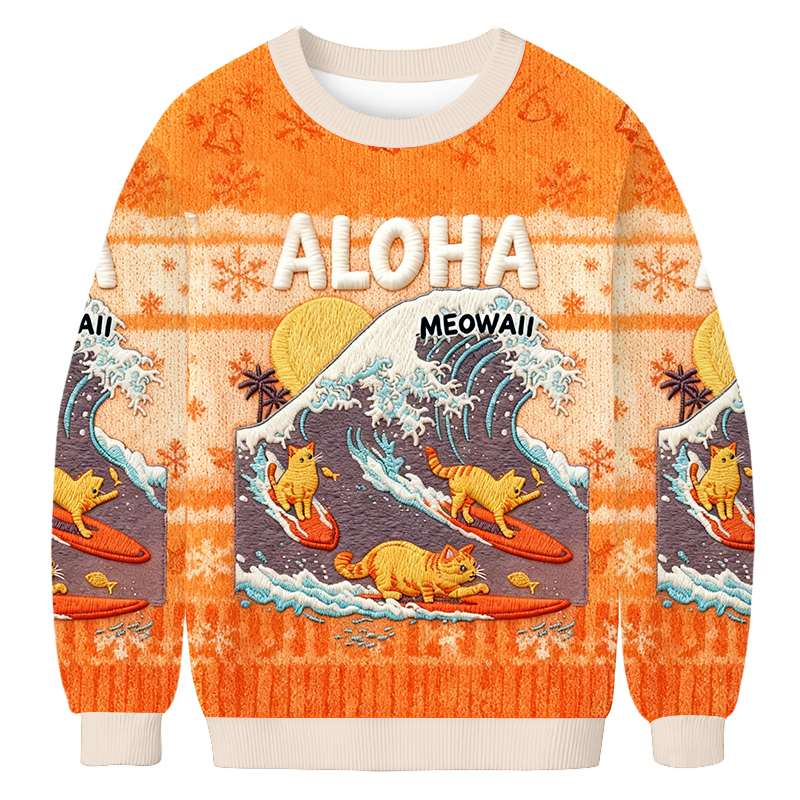 Baddiecat Free Surfing Cat Christmas Ugly Sweatshirt