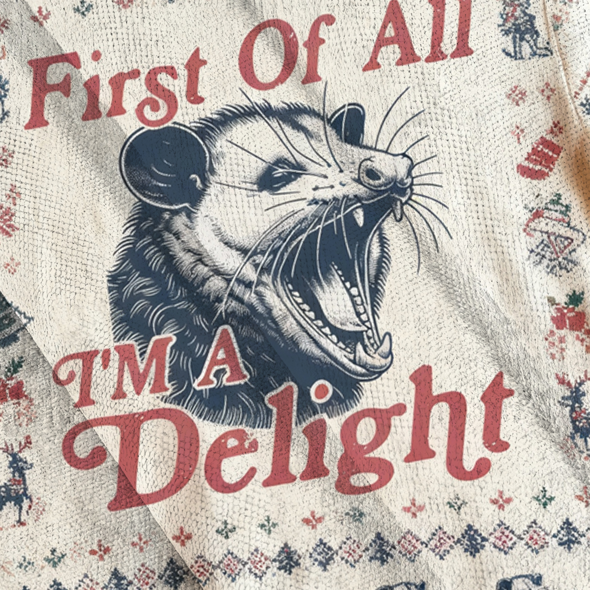Baddiecat First of All I'm a Delight Possum Christmas Ugly Sweatshirt