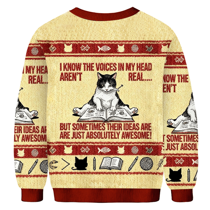 Baddiecat I Know The Voices In My Head Aren't Real Cat Christmas Ugly Sweatshirt