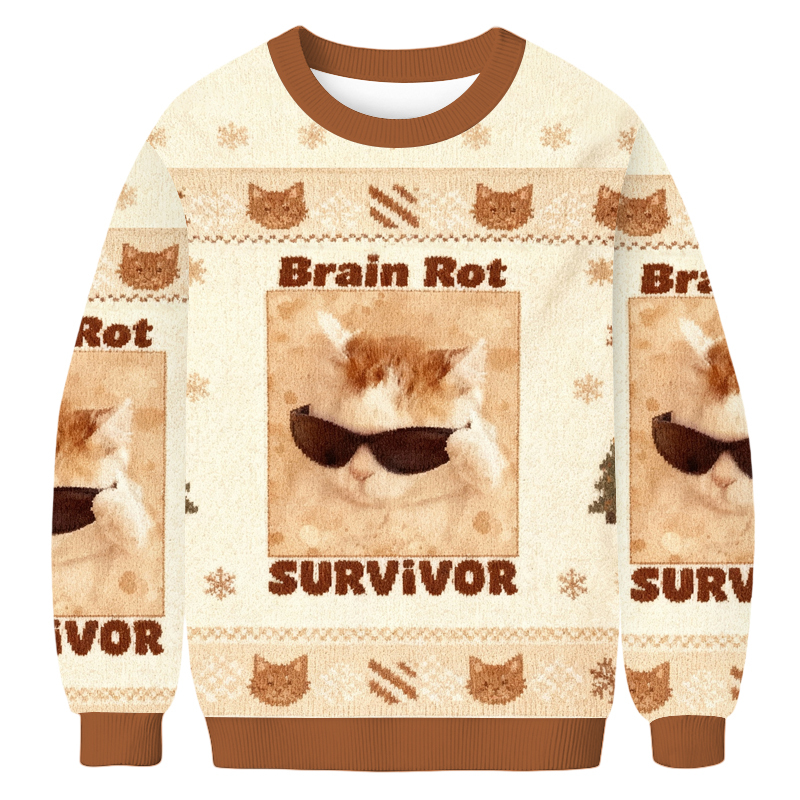 Tokyoviva Brain Rot Survivor Cat Christmas Ugly Sweatshirt