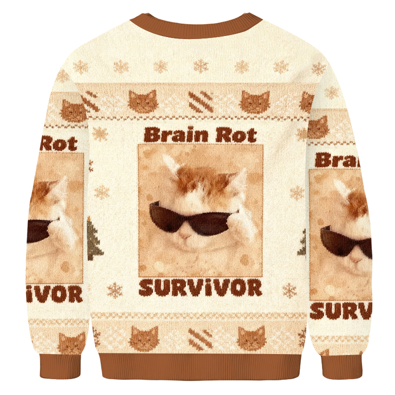 Baddiecat Brain Rot Survivor Cat Christmas Ugly Sweatshirt
