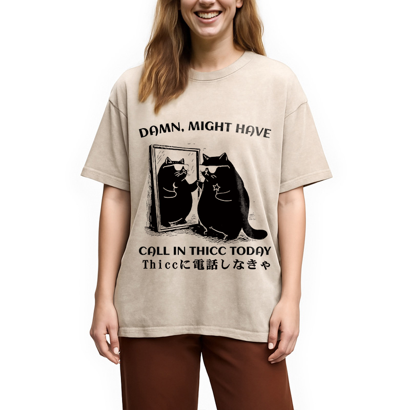 Black Cat Admiring Himself Washed T-Shirt