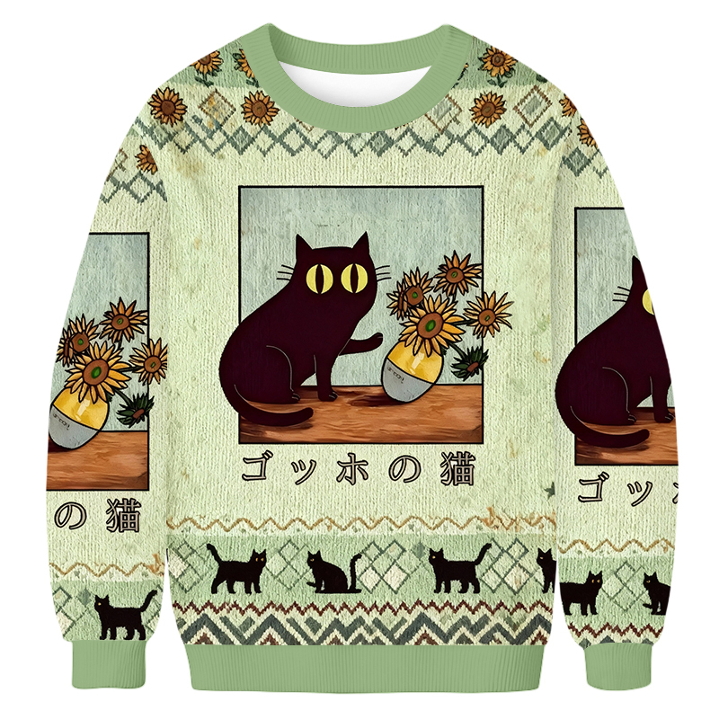 Tokyoviva Black Cat Sunflower Ugly Sweatshirt