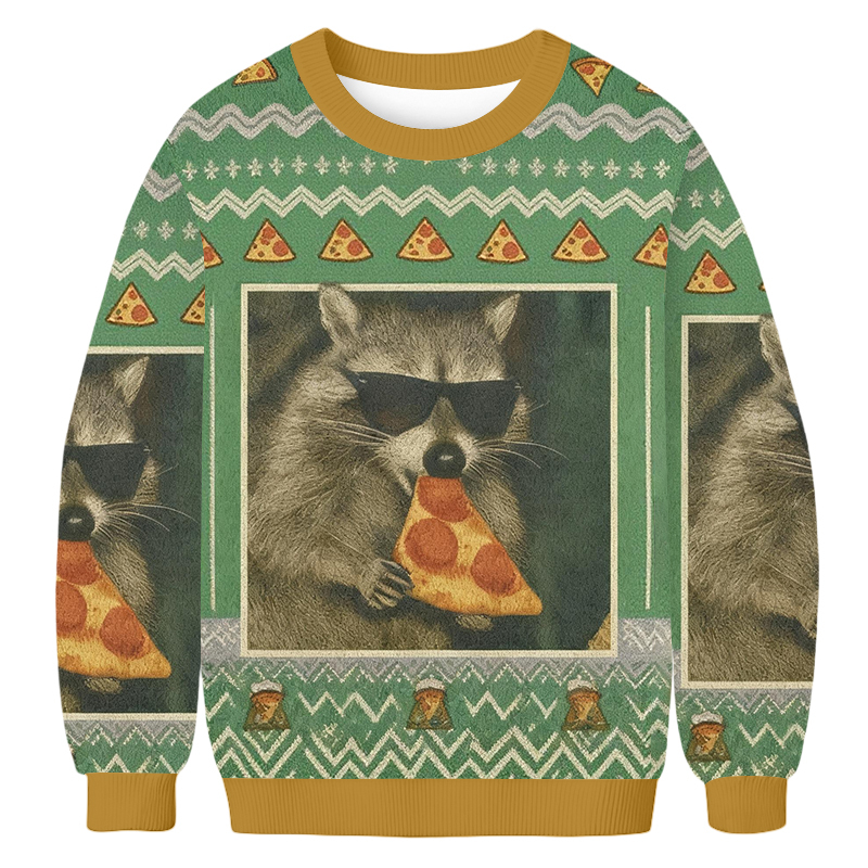 Tokyoviva Raccoon Eating Pizza Christmas Ugly Sweatshirt