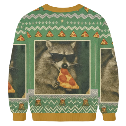 Baddiecat Raccoon Eating Pizza Christmas Ugly Sweatshirt